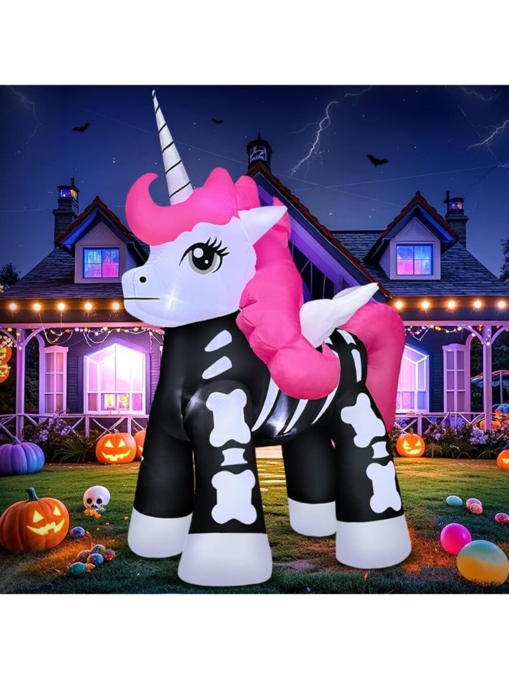 🎃Halloween Inflatable Skeleton Unicorn Built in LED Lights Party Decorations
